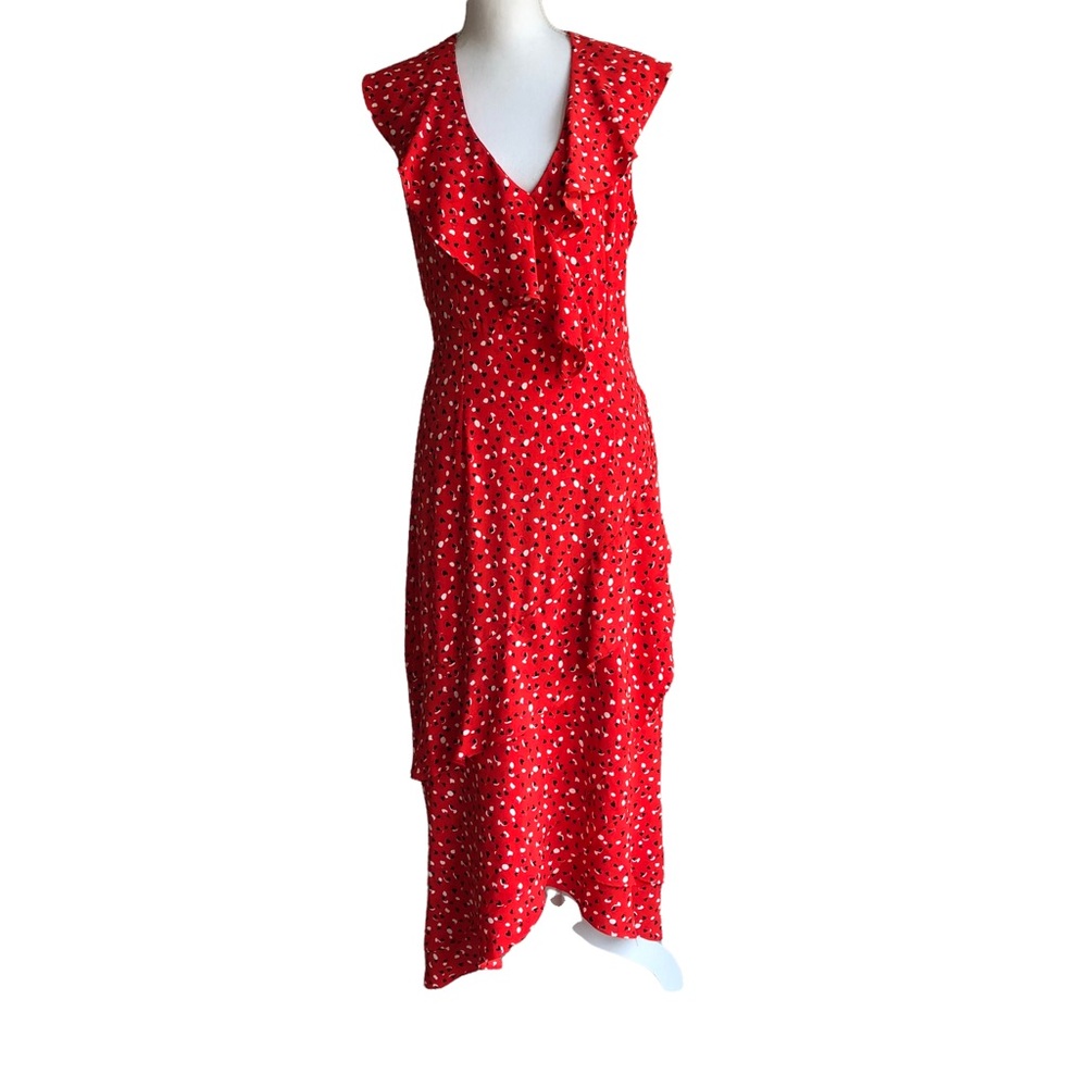 Molly Braken Red Heart Print Tiered Ruffles Midi Dress